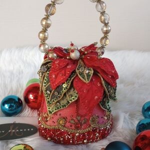 Mary Frances Holiday Trade Red & Green Beaded Christmas Poinsettia Bucket Bag